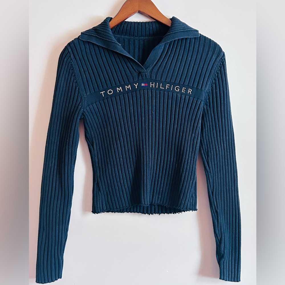 Vintage Tommy Hilfiger Rib Knit Collard Sweater With Logo Across Front Size S